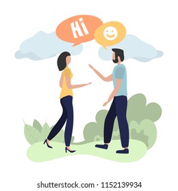 Talk or chatting concept illustration of young people. Flat and cartoon style vector. Guy and woman stay and speak on the big speech bubbles.
