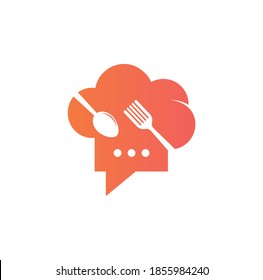 Talk chef logo design template. Talk chef / hat kitchen talk / bubble chat icon vector line logo design