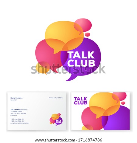 Talk Club logo. Language school logo. Conversational club icon. Chat logo. Community emblem. Colored bubbles. Identity. Business card.