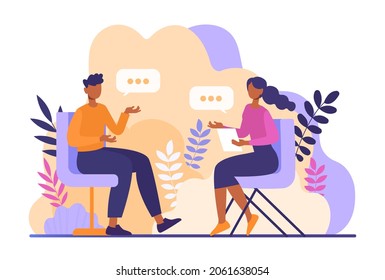 Talk conversation. Man and woman conducting dialogue. Couple exchanges news. Communication of employees or interview with journalist. Cartoon flat vector illustration isolated on white background