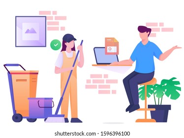 talk converssation boss and cleaning service illustration