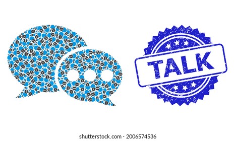 Talk corroded stamp and vector recursive mosaic forum messages. Blue stamp has Talk text inside rosette. Vector mosaic is made from recursive rotated forum messages items.