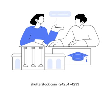 Talk to current student isolated cartoon vector illustrations. Future student gets testimonial about college, school graduate have discussion and make choice, admission process vector cartoon.