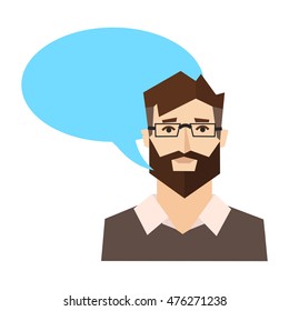 Talk Happy Man with Speech Bubble. Flat Design Style. Vector illustration of Talking Man with Blue Text Area. Isolated Cartoon Hipster Man Talk with Smile
