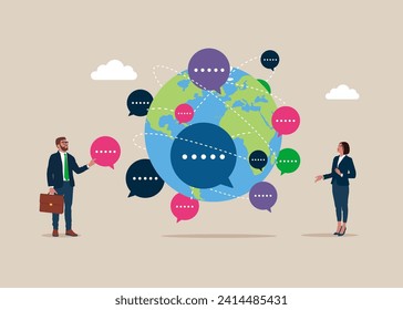 Talk or have lively discussion or conversation between on world map across globe. Art corporate communication between coworkers, manager and team. Flat vector illustration