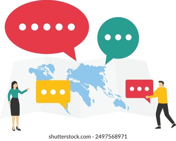 Talk or have lively discussion or conversation between on world map across globe. Art corporate communication between coworkers, manager and team. Flat vector illustration

