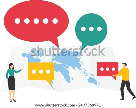 Talk or have lively discussion or conversation between on world map across globe. Art corporate communication between coworkers, manager and team. Flat vector illustration

