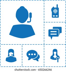 Talk icon. set of 6 talk filled icons such as customer support, woman speaker, chat, walkie talkie