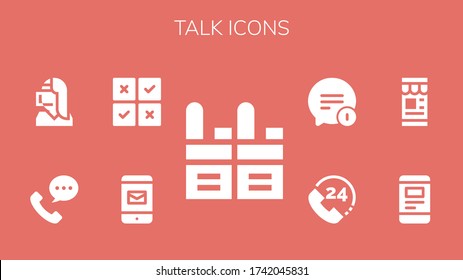 talk icon set. 9 filled talk icons.  Simple modern icons such as: Walkie talkie, Smartphone, Feedback, Phone call, Call center, Call, Chat