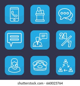 Talk icon. set of 9 outline talk icons such as desk phone, customer support, chat, man with chat bubblle, speaker, 24 hours support, phone call