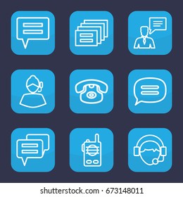 Talk icon. set of 9 outline talk icons such as man with chat bubblle, operator, chat, walkie talkie, desk phone, message