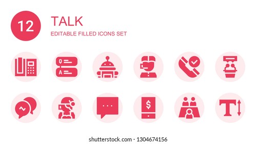 talk icon set. Collection of 12 filled talk icons included Phone, Question, Robot, Call center, Conversation, Comment, Meeting, Interview, Text
