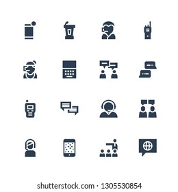 talk icon set. Collection of 16 filled talk icons included Chat, Meeting, Smartphone, Customer service, Chatting, Walkie talkie, Discussion, Call center, Conference