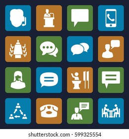 talk icons set. Set of 16 talk filled icons such as desk phone, chat, chatting man, customer support, man with chat bubblle, meeting, speaker, communication, phone call