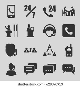 Talk icons set. set of 16 talk filled icons such as operator, meeting, call, speaker, chat, walkie talkie, communication, message, support, phone call