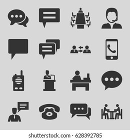 Talk icons set. set of 16 talk filled icons such as table, chat, man with chat bubblle, support, meeting, speaker, walkie talkie, communication, phone call