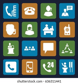 Talk icons set. set of 16 talk filled icons such as desk phone, table, customer support, chat, man with chat bubblle, call, speaker, phone, walkie talkie, communication