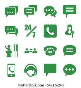 Talk icons set. set of 16 talk filled icons such as woman speaker, chat, operator, call, communication, message, speaker, phone call, 24 hours support