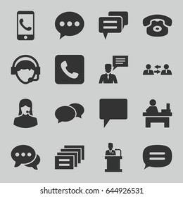 Talk icons set. set of 16 talk filled icons such as chat, table, customer support, man with chat bubblle, operator, call, speaker, communication, message, phone call