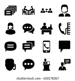 Talk icons set. set of 16 talk filled icons such as table, customer support, chat, man with chat bubblle, support, meeting, speaker, phone, communication, message
