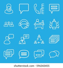 talk icons set. Set of 16 talk outline icons such as chat, chatting man, table, customer support, man with chat bubblle, operator, meeting, phone, communication