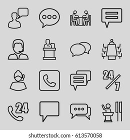 Talk icons set. set of 16 talk outline icons such as chat, chatting man, support, meeting, call, speaker