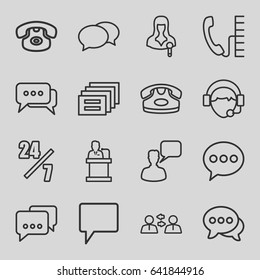 Talk icons set. set of 16 talk outline icons such as desk phone, chat, chatting man, woman speaker, operator, speaker, phone, 24 hours support, communication