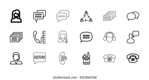 Talk icons. set of 18 editable outline talk icons: chat, chatting man, desk phone, communication, message, support, phone, walkie talkie, 24 hours support, customer support