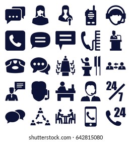 Talk icons set. set of 25 talk filled icons such as desk phone, chat, table, customer support, woman speaker, man with chat bubblle, operator, support, meeting, call, speaker