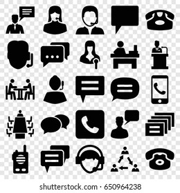 Talk icons set. set of 25 talk filled icons such as desk phone, chat, chatting man, table, customer support, woman speaker, man with chat bubblle, operator, support, meeting
