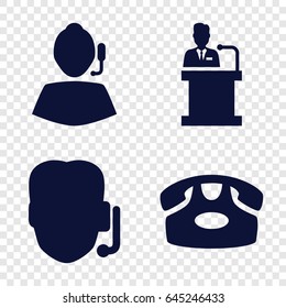 Talk icons set. set of 4 talk filled icons such as desk phone, speaker