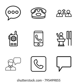 Talk icons. set of 9 editable outline talk icons such as desk phone, chat, phone call, communication, call, speaker, walkie talkie