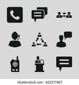 Talk icons set. set of 9 talk filled icons such as chatting man, call, speaker, walkie talkie, communication, support