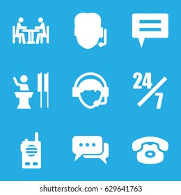 Talk icons set. set of 9 talk filled icons such as operator, meeting, chat, walkie talkie, speaker, support, 24 hours support