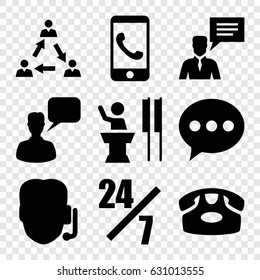 Talk icons set. set of 9 talk filled icons such as desk phone, chatting man, man with chat bubblle, communication, speaker, phone call, support, chat