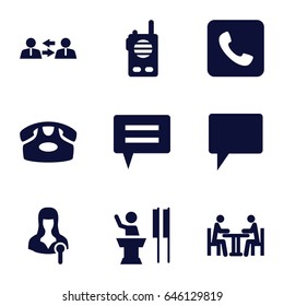 Talk icons set. set of 9 talk filled icons such as desk phone, woman speaker, chat, meeting, call, walkie talkie, communication