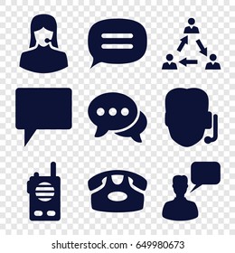 Talk icons set. set of 9 talk filled icons such as desk phone, chatting man, customer support, chat, walkie talkie, communication