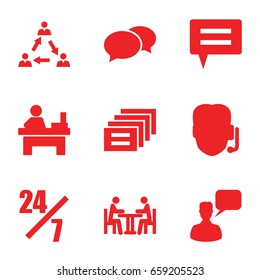 Talk icons set. set of 9 talk filled icons such as chat, chatting man, table, meeting, communication, message, support