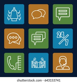 Talk icons set. set of 9 talk outline icons such as chat, support, meeting, phone