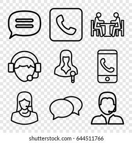 Talk icons set. set of 9 talk outline icons such as chat, customer support, woman speaker, operator, support, meeting, call