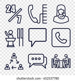 Talk icons set. set of 9 talk outline icons such as customer support, chat, meeting, call, phone, 24 hours support, speaker