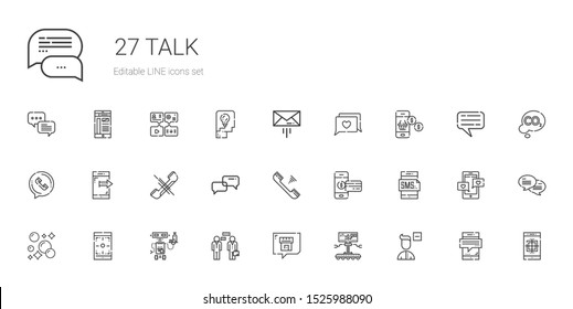 talk icons set. Collection of talk with remove user, robot, chat, conversation, smartphone, bubbles, telephone, phone, phone call, message, co. Editable and scalable talk icons.