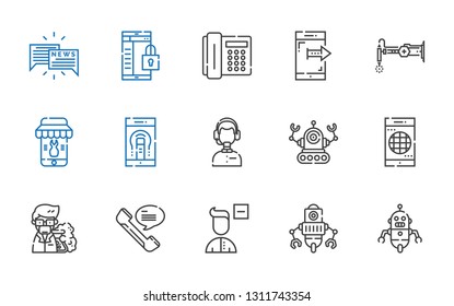 talk icons set. Collection of talk with robot, remove user, phone, professor, smartphone, customer service, telephone, chat. Editable and scalable talk icons.