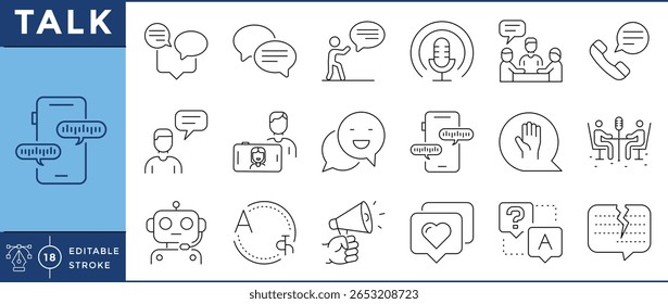 Talk icons set. Speech bubble, dialogue, present, microphone, group talk, phone call, video call, text message, chatbot, megaphone, and many more. Vector editable stroke.