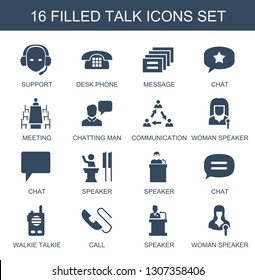 talk icons. Trendy 16 talk icons. Contain icons such as support, desk phone, message, chat, meeting, chatting man, communication, woman speaker. talk icon for web and mobile.