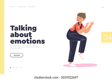 Talk to kid about emotion concept of landing page with scared boy small kid running away. Frightened little child shocked or surprised in panic looking back. Cartoon flat vector illustration