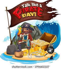 Talk like a pirate day font with Captain Hook On The Island illustration