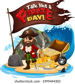 Talk Like A Pirate Day font banner with Pirate cartoon character  illustration