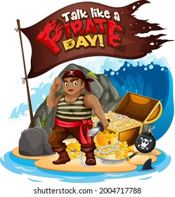 Banner de tipo de letra Talk Like A Pirate Day con ilustración de personaje de caricatura de Pirate