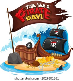 Banner de tipo de letra Talk Like A Pirate Day con un barco pirata en la ilustración de la isla